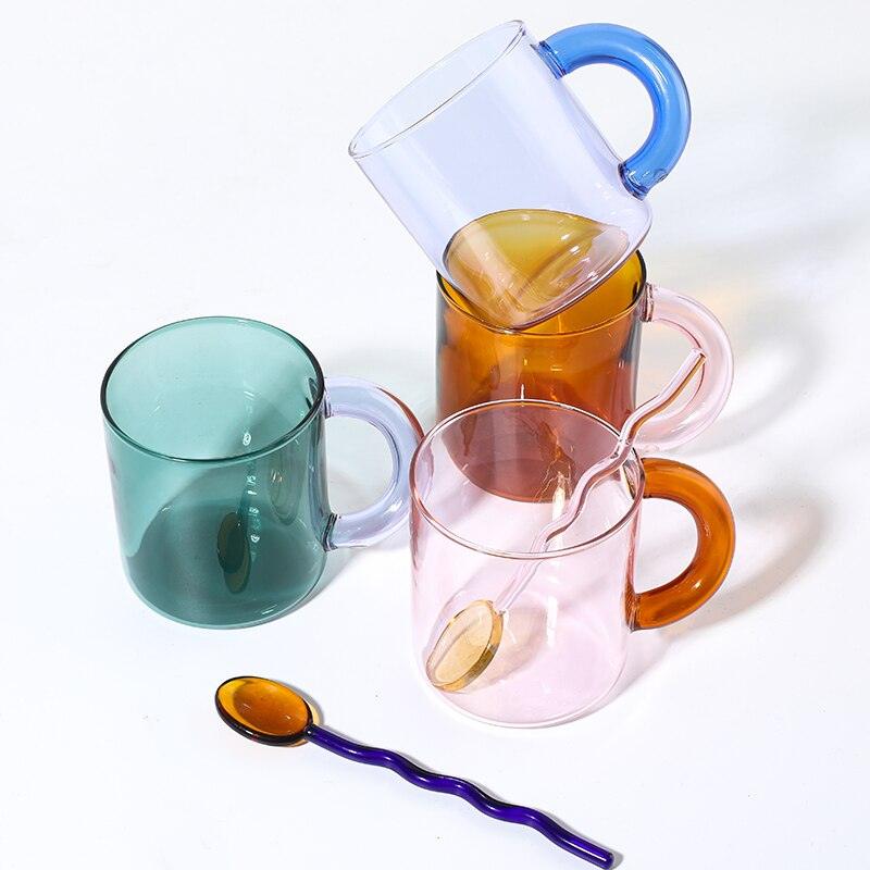 Colorful Fat Handle Glass Mug Coffee Cup Glass Spoon Borosilicate Glass Cup Office Cups Birthday Gift Coffee Mugs Tea Spoon - Brooklyn Home - 0